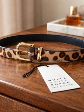 White House Black Market Leopard-Print Belt with Gold Buckle Women's 44"